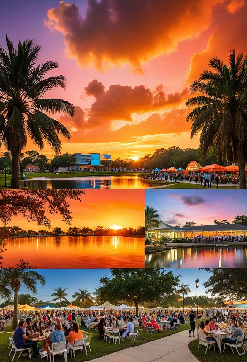 A dynamic collage featuring iconic landmarks of Lauderdale Lakes, such as parks and community events, overlaid with news headlines and city updates. The scene should include diverse residents engaging in activities, with a vibrant sunset in the background to symbolize community spirit. Emphasize a sense of connection and engagement. bright colors. digital illustration. modern style.