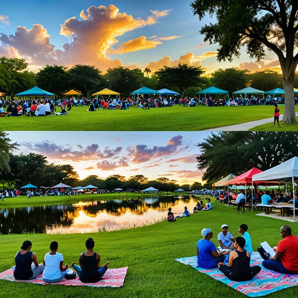 A vibrant collage of community events in Lauderdale Lakes featuring a lively park scene with families enjoying picnics, colorful stalls representing local vendors, and people engaging in outdoor activities like yoga and music. In the background, a serene lake reflecting sunset colors, symbolizing connection and community spirit. super-realistic. vibrant colors. sunny sky.
