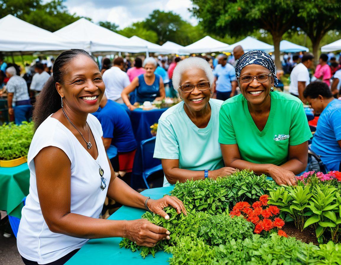 A vibrant community gathering at Lauderdale Lakes, showcasing diverse residents engaging in activities like gardening, art, and music. Include colorful booths, smiling faces, and lush greenery surrounding a lake in the background. Capture a sense of joy and togetherness, with people exchanging ideas and enjoying food. super-realistic. vibrant colors. 3D.